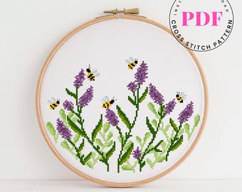 Lavendel und Bienen Kreuzstichmuster PDF | Blumen Garten Stickerei | Moderne botanische Stickkunst | Sofort Download