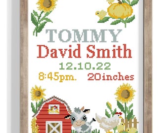 Birth announcement cross stitch pattern cute baby nursery decor personalized cross stitch design mouse pumpkin Digital Format - PDF