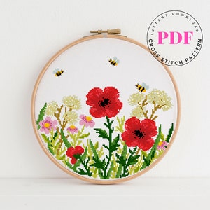 Nature cross stitch pattern flowers cross stitch chart bee cross stitch design DIY Digital Format - PDF