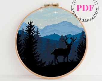 Patrón de punto de cruz de paisaje forestal, punto de cruz moderno contado, animales, ciervo, punto de cruz, montañas, bosque, estrellas salvajes (Formato digital PDF)