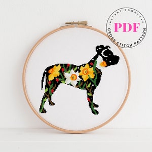 Pitbull bloemensilhouet geteld kruissteekpatroon hondenliefhebbers Narcissus bloem kruissteekpatroon dier digitaal formaat - PDF