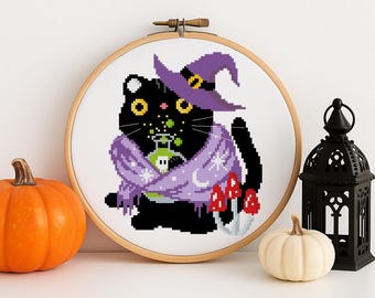 Halloween Black Cat Witch Cross Stitch Pattern PDF • Cute Spooky Cat With Potion & Mushrooms • Instant Download Embroidery Chart