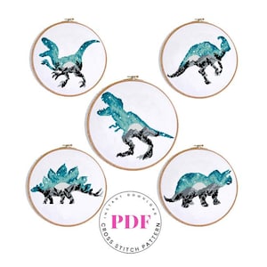 Dinosaur Cross Stitch Pattern Set PDF – Modern Galaxy Dinosaur Embroidery – T-Rex, Stegosaurus, Triceratops – Instant Download