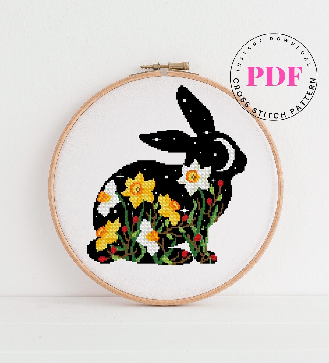 Floral Bunny Cross Stitch Pattern PDF Rabbit Embroidery Digital Format ...