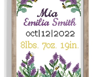 Birth Announcement cross stitch pattern Lavander Flower Nursery Decor Personalized Name cross stitch flower , bee  Digital Format - PDF