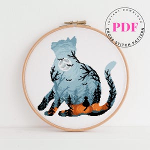 Halloween Cat Cross Stitch Pattern PDF – Pumpkin Cat Silhouette, Spooky Forest Kitty Embroidery, Autumn Fall Cross Stitch, Instant Download