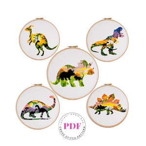 Dinosaur Cross Stitch Pattern Set PDF | Colorful Prehistoric Embroidery Bundle | Modern Dino Hoop Art | Instant Download