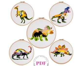 Conjunto de patrones de punto de cruz de dinosaurios en PDF / Paquete de bordado prehistórico colorido / Arte moderno de aro de dinosaurios / Descarga instantánea