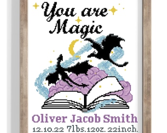 Birth Announcement cross stitch pattern Magic Dragons Nursery Decor Personalized Name cross stitch animal , nature Digital Format - PDF