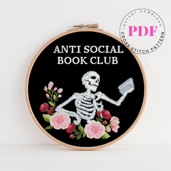 Anti social book club quote cross stitch pattern skull cross stitch Digital Format - PDF