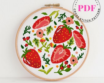 Strawberry and flowers cross stitch pattern modern counted cross stitch flowers nature modern embroidery kitchen Digital Format- PDF