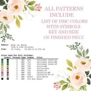May include: Aida 14 count white fabric cross stitch pattern with a floral design. The pattern includes a list of DMC floss colors with symbols, a key, and the size of the finished piece: 129 stitches wide by 104 stitches high, or 23.40 cm wide by 18.87 cm high.