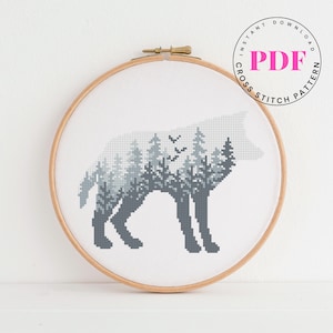 Wolf kruissteekpatroon, kruissteekkaart liggend, kruissteekontwerp dieren, bos, natuur, digitaal formaat - pdf