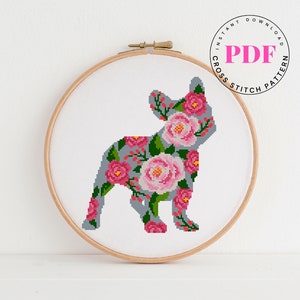 Franse Bulldog geteld kruissteekpatroon roze rozen en groene bladeren hondenliefhebbers kruissteekpatroon borduurwerk (digitaal formaat - PDF)