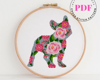 French Bulldog counted cross stitch pattern pink roses and green leaves dog lovers cross stitch pattern embroidery (Digital Format - PDF)