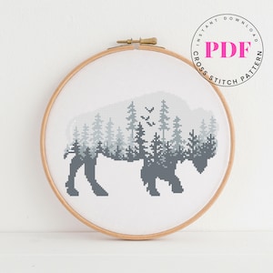 Buffalo Cross Stitch Pattern forest cross stitch chart modern embroidery design hoop art animal xstitch pattern Instant Download PDF