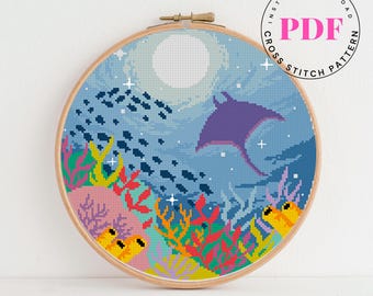 Ocean Cross Stitch Pattern PDF, Underwater Coral Reef Embroidery Digital Format - PDF