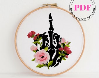 Skeleton middle finger counted cross stitch pattern skull cross stitch floral cross stitch design DIY Digital Format - PDF