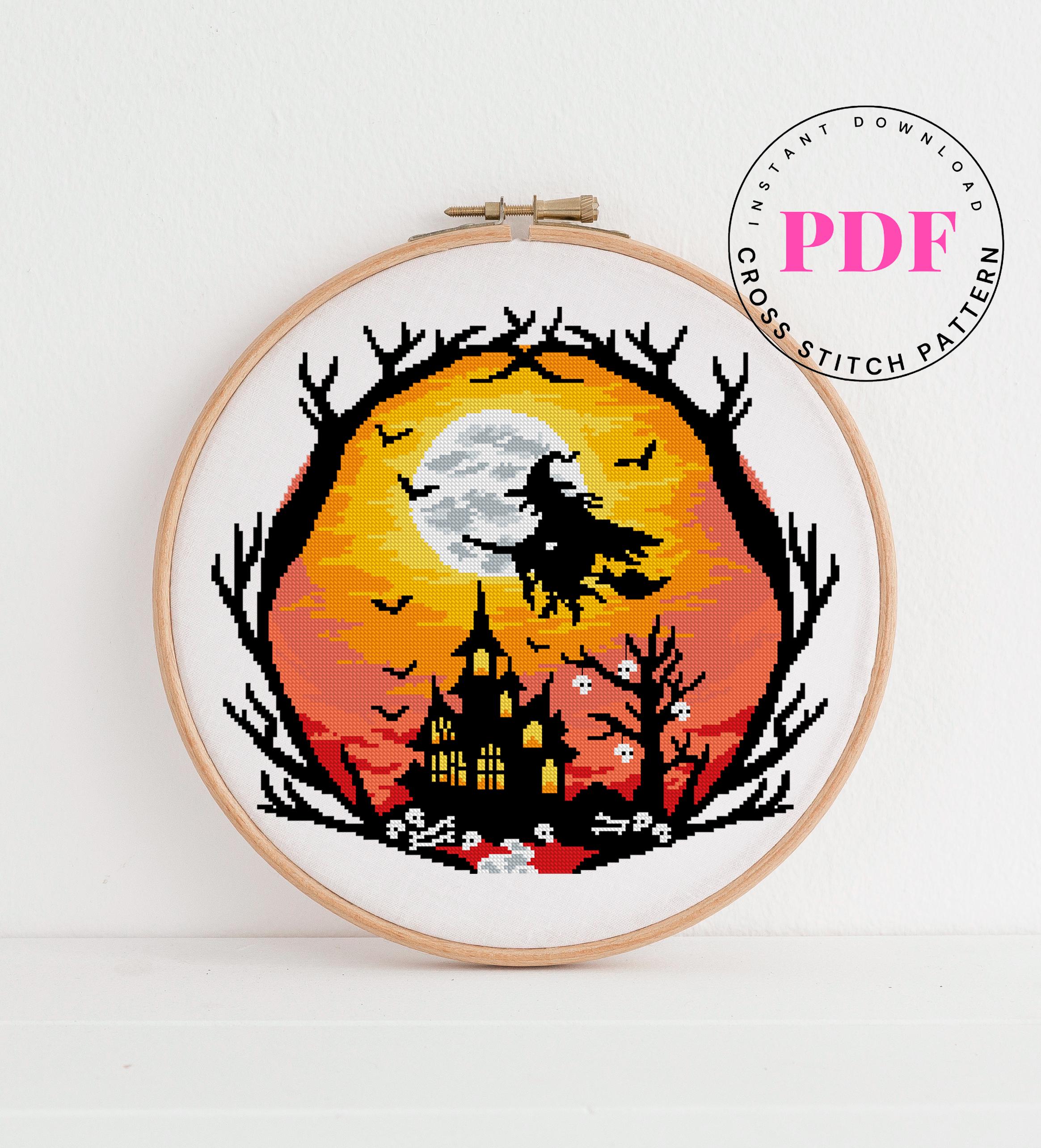 Halloween Cross Stitch Pattern PDF – Witch Flying Over Haunted House ...