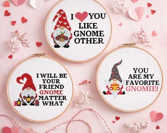 Funny Gnome Cross Stitch Patterns PDF Set | Valentine Gnome Digital Format - PDF
