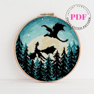 Kreuzstichmuster mit Drachen | Fantasie Wald Stickdatei | Vollmond Silhouette | DIY Kreuzstich | Sofort Download PDF
