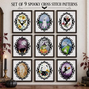 Può includere: Un set di 9 schemi per punto croce a tema spettrale in cornici ovali nere. I disegni includono un pipistrello con girasoli, un fantasma, un drago, un gatto nero, una rana con cappello da strega, un UFO, scheletri, un calderone e un gatto.