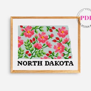 PDF kruissteekpatroon North Dakota | Geborduurde staatskaart met bloemen | Steektabel bloemen | Amerikaanse staatskunst | Pdf direct downloaden
