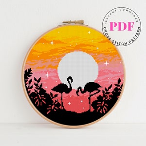 Flamingo kruissteekpatroon Landschap kruissteekpatroon Vogel kruissteek natuur bloemen Dieren kruissteek Digitaal formaat - PDF