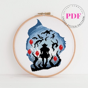 Scary Clown Cross Stitch Pattern PDF | Horror Halloween Needlepoint | Spooky Silhouette Embroidery Design | Creepy embroidery