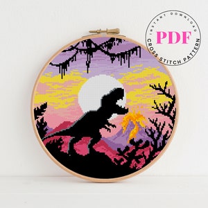 T-rex kruissteekpatroon landschap kruissteekontwerp eenvoudig kruissteekdiagram natuur DIY digitaal formaat - PDF