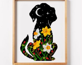 Dog Counted Silhouette Cross Stitch Pattern Flowers Nature Cross Stitch Pattern Narcissus flower Cross Stitch Pattern (Digital Format - PDF)