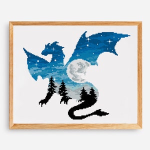 Dragon silhouette cross stitch pattern animal cross stitch chart landscape embroidery design easy cross stitch DIY Digital Format - PDF