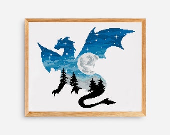 Dragon silhouette cross stitch pattern animal cross stitch chart landscape embroidery design easy cross stitch DIY Digital Format - PDF
