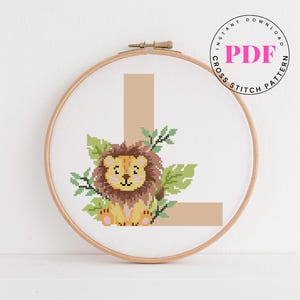 Letra L padrão de ponto cruz alfabeto bebê decoração de berçário bebê padrão de ponto cruz leão Formato Digital - PDF