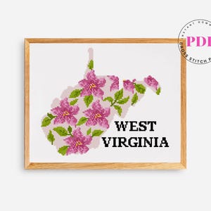 Patrón de punto de cruz de Virginia Occidental / Bordado de mapa floral del estado / Descarga de PDF de flores silvestres / Arte moderno de aro de EE. UU. / Patrón digital