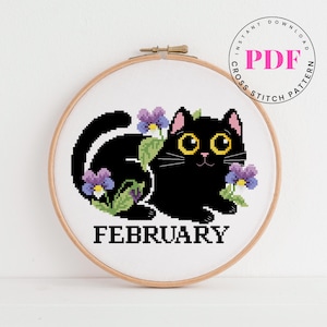 February Cat Cross Stitch Pattern PDF | Black Cat with Violets | Cute Monthly Floral Cat | Instant Download Embroidery Chart