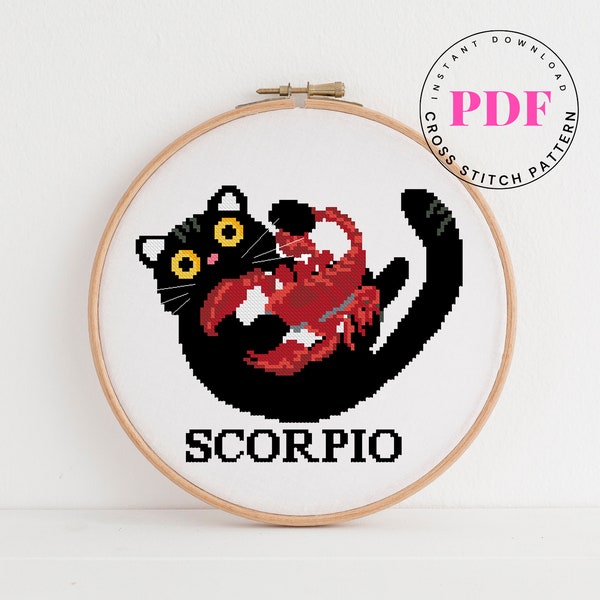 Scorpio cross stitch pattern zodiac signs cross stitch pattern Horoscope cross stitch cat cross stitch Digital Format - PDF