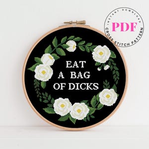 Funny Cross Stitch Pattern PDF | Swear Word Embroidery | Floral Modern Subversive Quote | Aida Black Fabric Digital Download