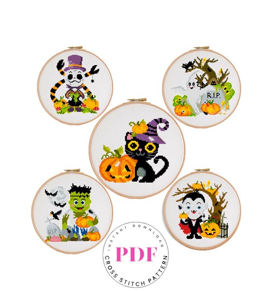 Set of 5 Cute Halloween Counted Cross Stitch Patterns Easy Etsy