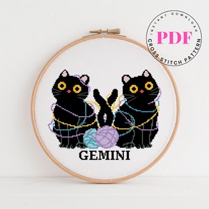 Wzór haftu krzyżykowego Gemini znaki zodiaku wzór haftu krzyżykowego Horoskop haft krzyżykowy kot haft krzyżykowy Format cyfrowy - PDF