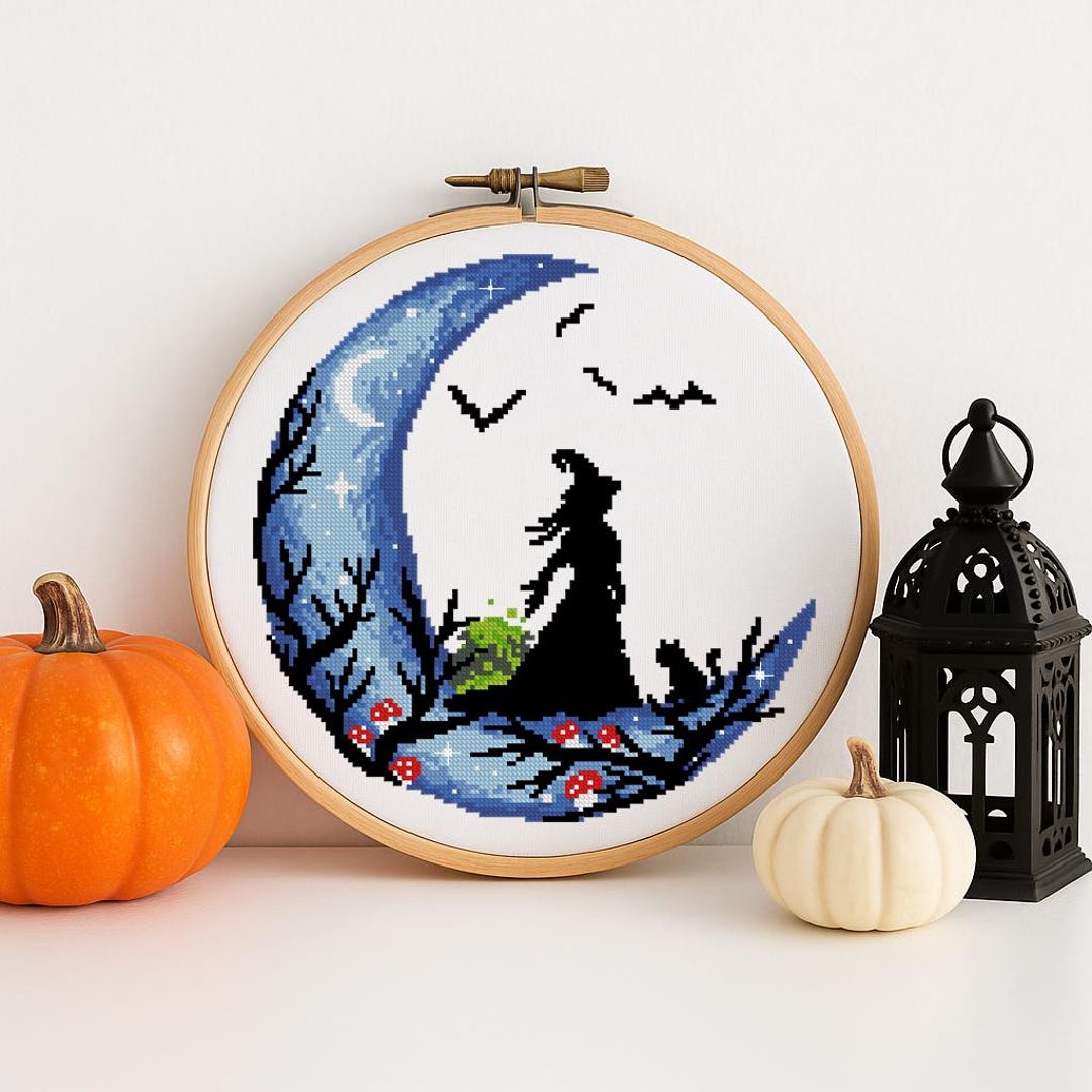 Witch and Black Cat Cross Stitch Pattern PDF • Crescent Moon Silhouette ...