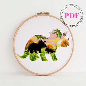 Dinosaurus kruissteekpatroon landschap kruissteekkaart borduurontwerp eenvoudige kruissteekkaart DIY digitaal formaat - pdf