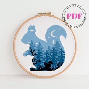 Squirrel Forest Cross Stitch Pattern PDF - Night Woodland Animal Silhouette - Moon and Stars Nature Hoop - Instant Download