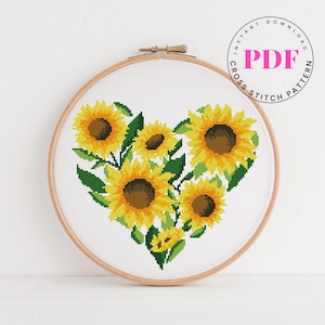 Zonnebloem hart geteld kruissteekpatroon bloemen modern eenvoudig xstitch-patroon muurkunst decor Needlecraft bloemen (digitaal formaat - pdf)