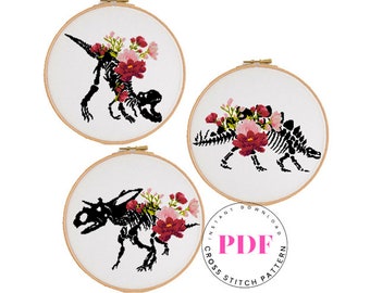 Set of 3 Dinosaurs  floral anatomy cross stitch pattern Easy cross stitch chart Flowers embroidery pattern DIY Digital Format - PDF