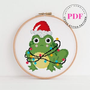 Christmas Frog Cross Stitch Pattern PDF | Cute Festive Frog with Lights | Funny Holiday Embroidery Design | Santa Hat Animal