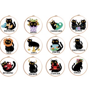Set of 12 cats cross stitch pattern zodiac sign cross stitch chart horoscope cross stitch design Digital Format - PDF