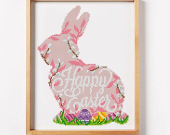 Easter Bunny silhouette cross stitch pattern Happy Easter cross stitch Digital Format - PDF