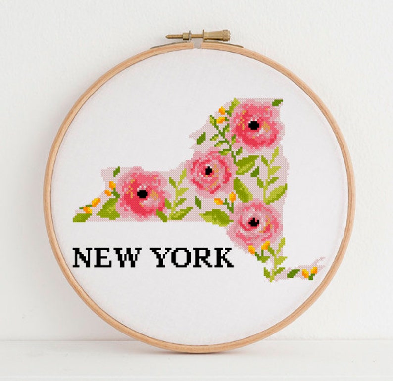 New York USA State Cross Stitch Pattern Floral counted ...