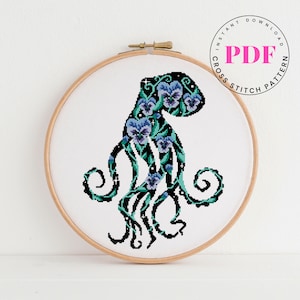 Octopus counted cross stitch pattern Floral cross stitch pattern sea ocean animal silhouette cross stitch pattern (Digital Format - PDF)